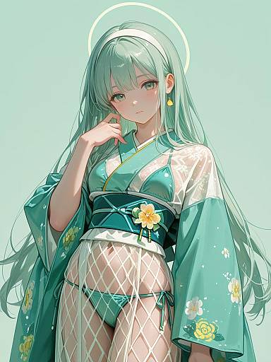 Young Woman in Triangle Bikini and Sheer Kimono