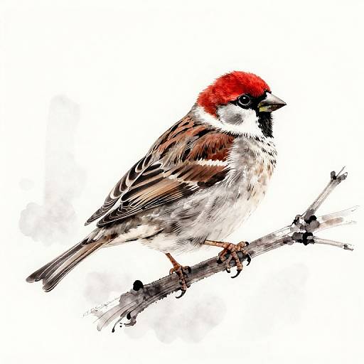 Ink and Color Sparrow on Bare Branch