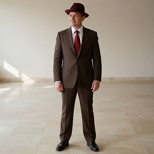 Photograph of a young man standing confidently in a sunlit, empty room, wearing a brown suit, red tie, white shirt, and dark brown