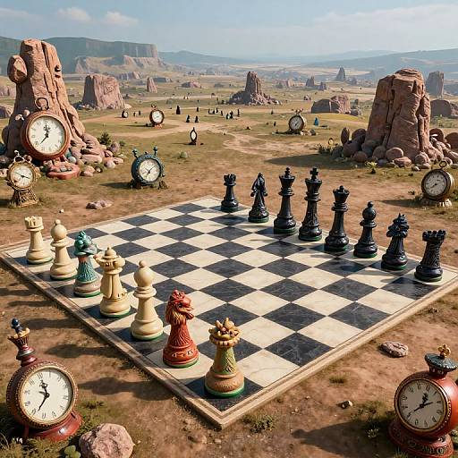Photograph of a giant outdoor chess set with colorful, oversized pieces on a checkered board, surrounded by large clocks in a desert landscape with rock formations