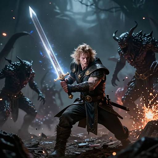 Digital fantasy artwork: Blonde warrior with glowing sword, black armor, fierce expression, battles dark, horned creatures in a fiery, misty forest.