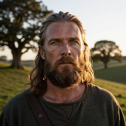 Photograph of a rugged, bearded man with long, sunlit hair, wearing a dark, textured sweater, standing outdoors at sunset with blurred trees