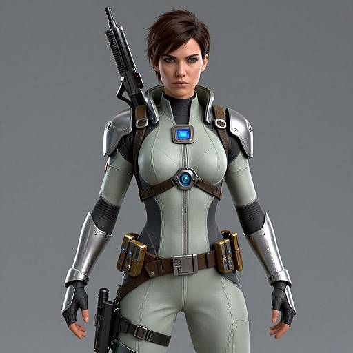 CGI image of a serious, short-haired woman in a futuristic, light-gray armored suit with blue accents, silver shoulder guards, and a gun on