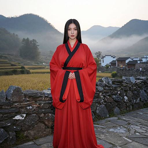 Photograph of a long-haired Asian woman in a red kimono with black trim, standing in a misty rural landscape with stone walls and distant mountains