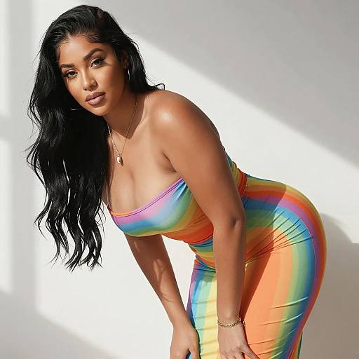 Woman in Rainbow Strapless Dress Leaning Forward