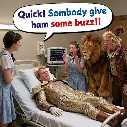 Photograph of a hospital room with a man in medieval armor lying in a bed, a lion, and two nurses in blue dresses, with a speech