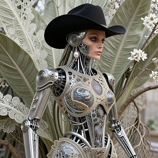 Photorealistic CGI of a female robot with intricate metallic details, wearing a black hat, standing amidst large green leaves and white flowers.