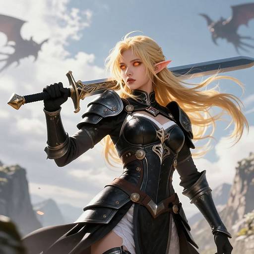 Digital art: Blonde elf warrior with pointed ears, red eyes, black armor, and sword, stands against a bright sky with mountains and flying dragon in