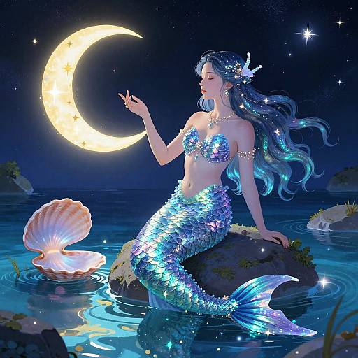 Digital art of a glowing mermaid with blue-green scales, sitting on a rock under a crescent moon, surrounded by a starry night sea with