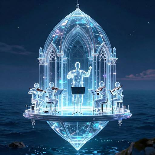 Digital CGI of a glowing, translucent dome with a conductor and musicians playing instruments, floating on a calm ocean at night.