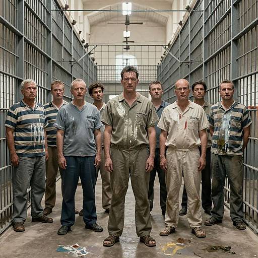 Photograph of eight men in prison uniforms standing in a dimly lit, metal-barred cellblock, with a central light overhead. Textured concrete
