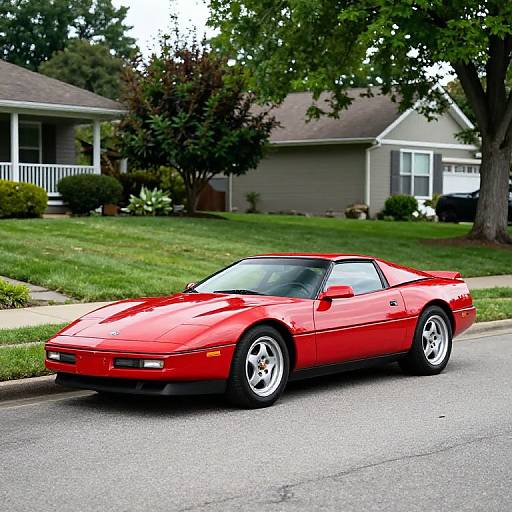 Photograph of a bright red, classic Ferrari 348 parked on a suburban street with a gray house and green lawn in the background.