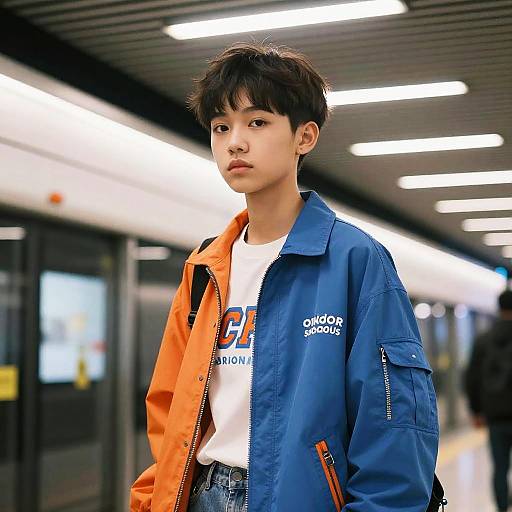 Photograph of an Asian teenage boy with short black hair, wearing a blue and orange jacket over a white shirt, standing in a brightly lit, modern