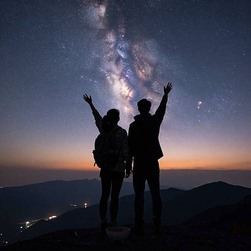 Silhouetted couple with arms raised, watching Milky Way over a mountainous horizon at twilight, stars twinkling in a clear night sky. Photograph