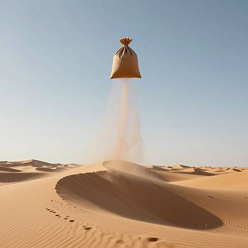 Photograph of a brown sack with a tassel, suspended mid-air, descending with a cloud of sand, over a sunlit desert with rippled