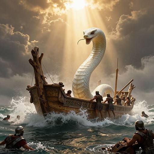 Digital artwork of a wooden ship with a massive, white, serpent-headed creature rising from the waves under a sunlit, cloudy sky. Sailors in
