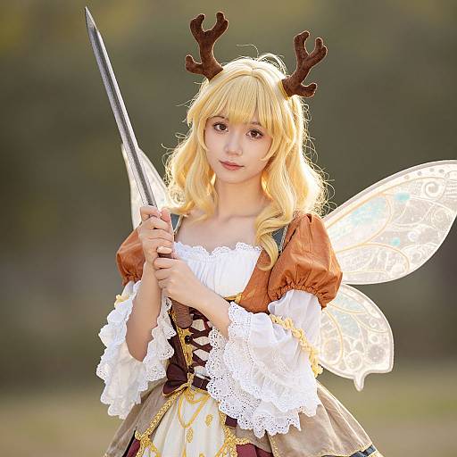 Photograph of a young woman cosplaying a fairy with blonde hair, antler headband, transparent wings, brown dress with lace, holding a sword