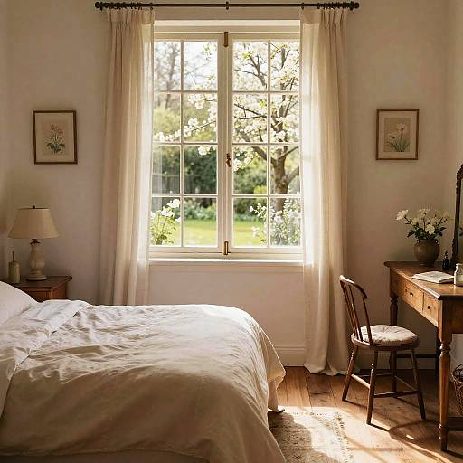 Cozy Bedroom with French Window and Blooming Garden View