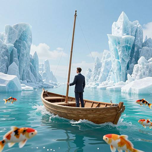 Digital artwork of a man in a wooden boat, standing with back to viewer, surrounded by icebergs and colorful koi fish in clear blue water