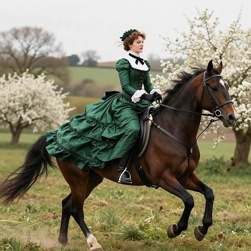 Victorian Lady on Horseback in Green Dress