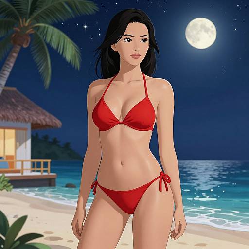 Digital illustration of a slender, fair-skinned woman with long black hair in a red bikini, standing on a moonlit beach with a palm tree and