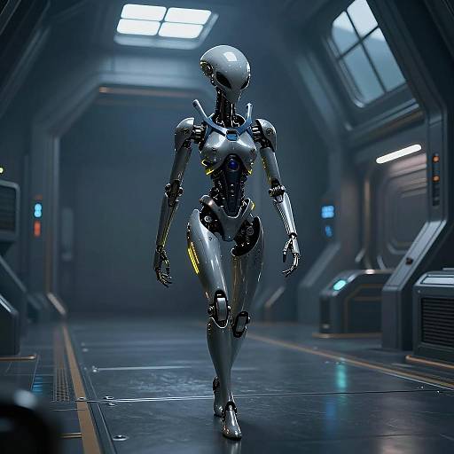 Futuristic Alien Robot Walking in Spaceship Hangar