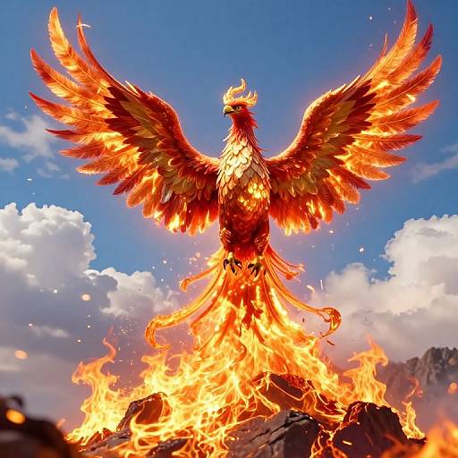 Digital illustration of a fiery phoenix with outstretched wings standing on a rocky hill, against a bright blue sky with fluffy clouds.