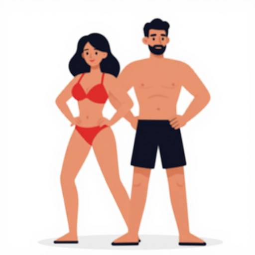 Cartoon-style digital illustration of a black-haired woman in a red bikini and a bearded man in black swim trunks, standing side by side against