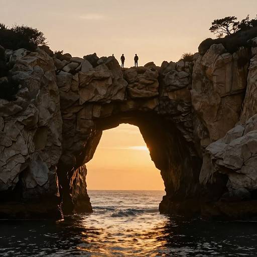 Silhouetted couple stands on rocky archway at sunset, ocean reflected below, golden sky, jagged cliffs, and sparse trees flanking the