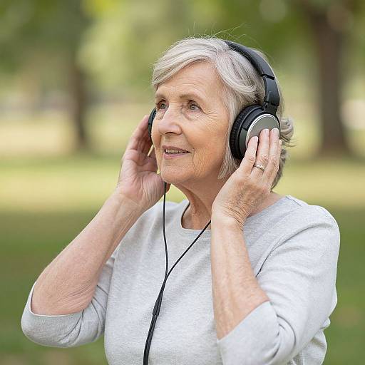 Photograph of an elderly woman with short gray hair, wearing a white sweater, listening to music with black headphones in a sunny park.