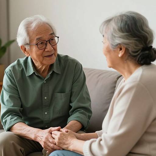 Photograph of an elderly Asian man with white hair and glasses, wearing a green shirt, sitting on a couch, facing an elderly Asian woman with gray