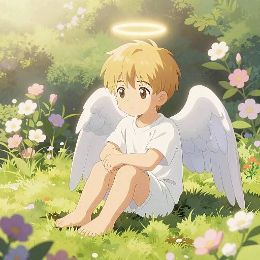 Anime-style drawing of a blond-haired, angelic boy with white wings and halo, sitting in a sunlit, flower-filled meadow.