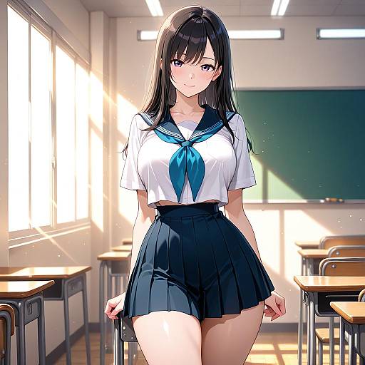 Blushing Schoolgirl in Classroom Glow