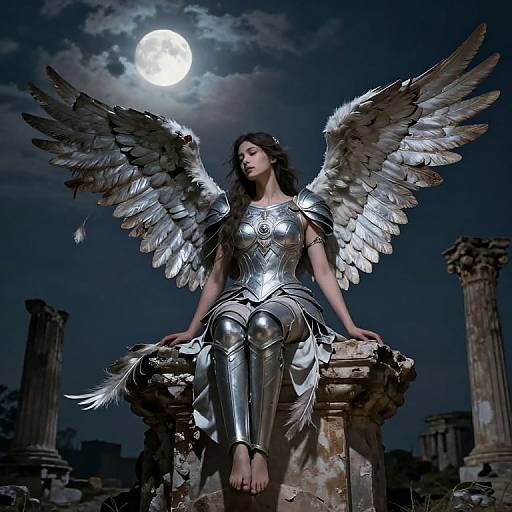 Digital artwork of a silver-winged angel in armor sitting on ruins under a full moon, with ancient columns in the background.