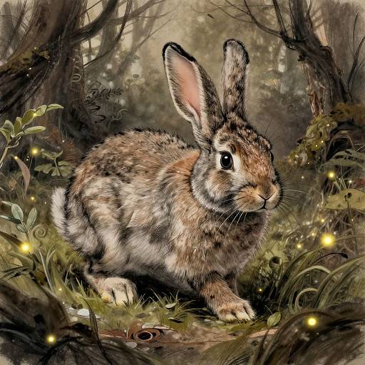Digital painting of a detailed, brown and white bunny with large ears, surrounded by glowing fireflies in a dense, misty forest.