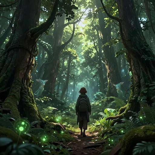 Digital artwork: A lone figure with a backpack stands in a mystical forest, surrounded by glowing fireflies and ethereal winged creatures, sunlight filtering through