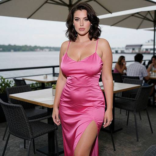 Stocky Woman in Pink Satin Dress at Café