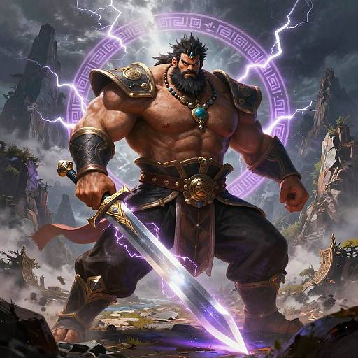 Muscular, bearded warrior with dark hair, lightning-enchanted sword, and ornate armor stands in a stormy, mountainous landscape with