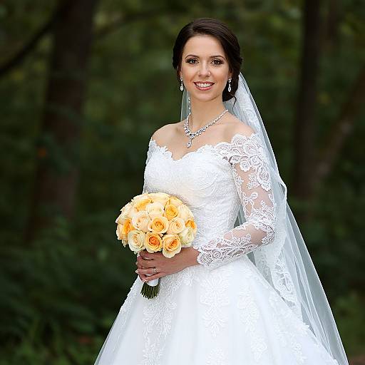 Photograph of a smiling bride with dark hair, wearing an off-shoulder white lace wedding dress, holding a yellow rose bouquet, against a dark
