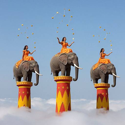 Photograph of three Indian women in orange sarees, riding elephants on yellow-red cylindrical platforms, conjuring star chains above a cloudy sky.