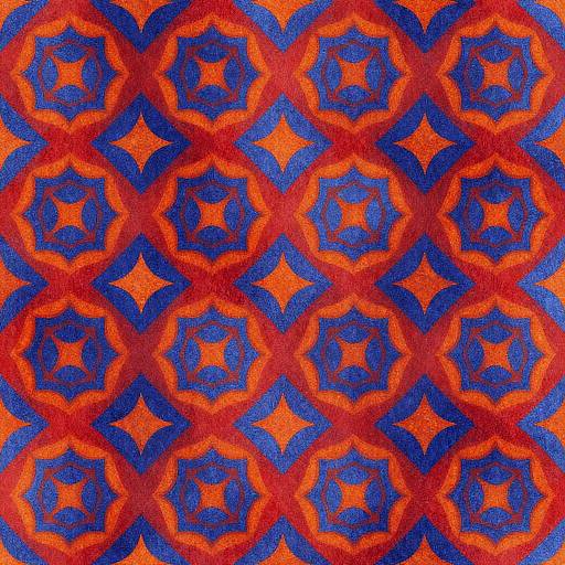 Vibrant digital pattern with repeating orange and blue star-shaped motifs, creating an intricate, symmetrical, and colorful geometric design.