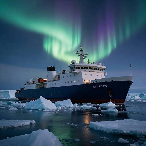 Armored Arctic Icebreaker Under Aurora Night