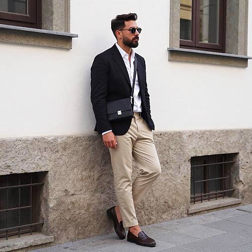 Photograph of a stylish, bearded man with dark hair, wearing sunglasses, black blazer, white shirt, beige pants, and black loafers