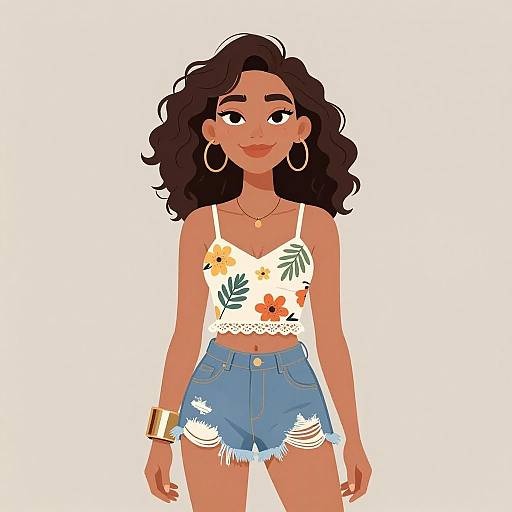 Digital illustration of a smiling, tan-skinned woman with wavy black hair, wearing a floral crop top, frayed denim shorts, gold hoop earrings