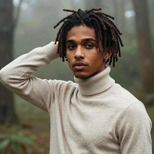 Photograph of a young Black man with dreadlocks, wearing a beige turtleneck sweater, standing in a misty forest, hand in hair,