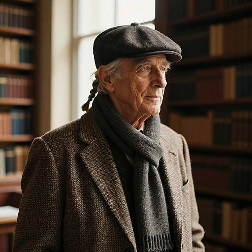 Elderly Man with Four-Strand Braid in Historic Library