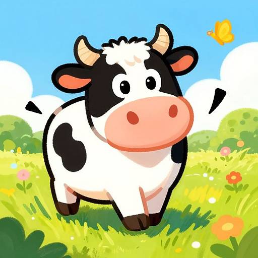 Cute digital illustration of a black-and-white cow with a pink nose, standing in a bright, colorful meadow with yellow flowers, green grass,