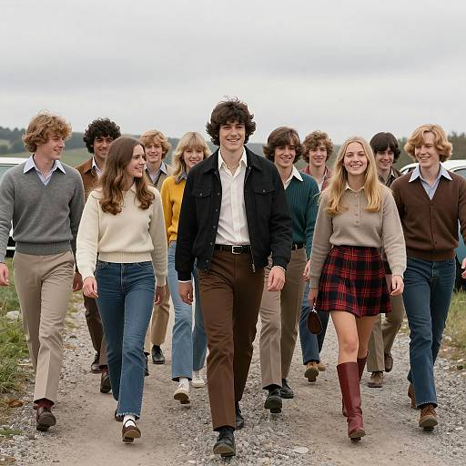 Stylish Group Walking on Gravel Path