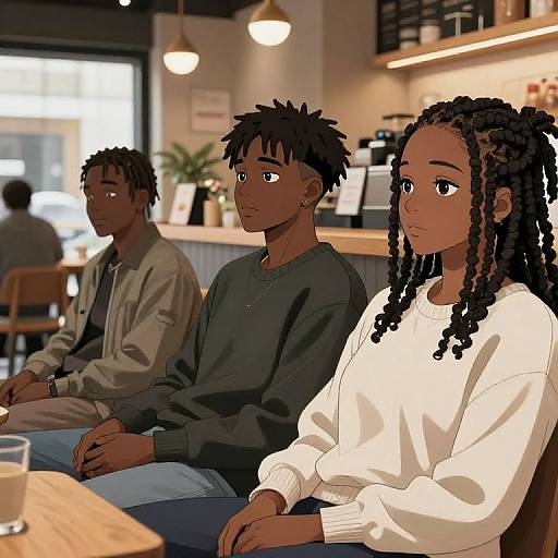 Digital illustration of three Black teenagers with different hairstyles sitting in a modern coffee shop; girl in white sweater foreground, two boys in darker sweaters background.