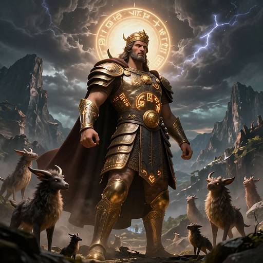 Mighty Warrior with Glowing Runes in Mythical Landscape